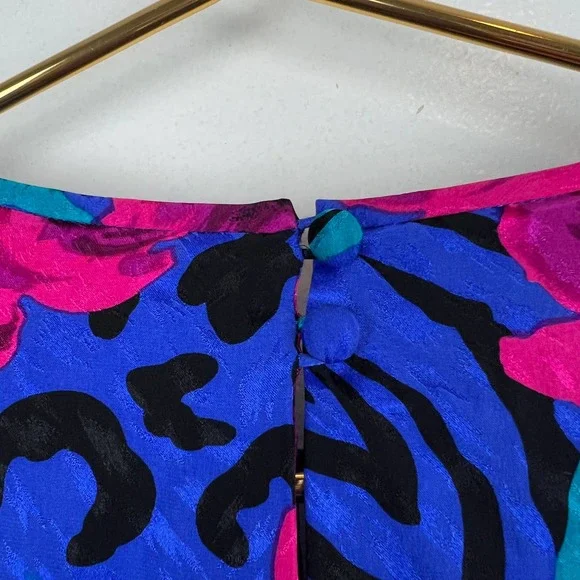 Vintage 80 A.J. Bari Blue Silk Party Dress Animal Print Floral Bow Designer Sz 6 - Picture 5 of 10